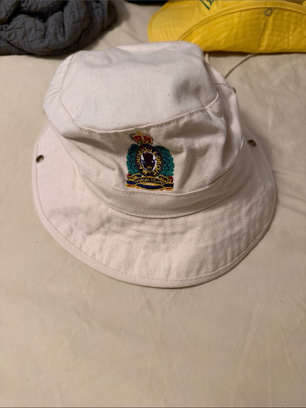 L.L. Bean Kids White Bucket Hat with Multicolor Embroidered Crest